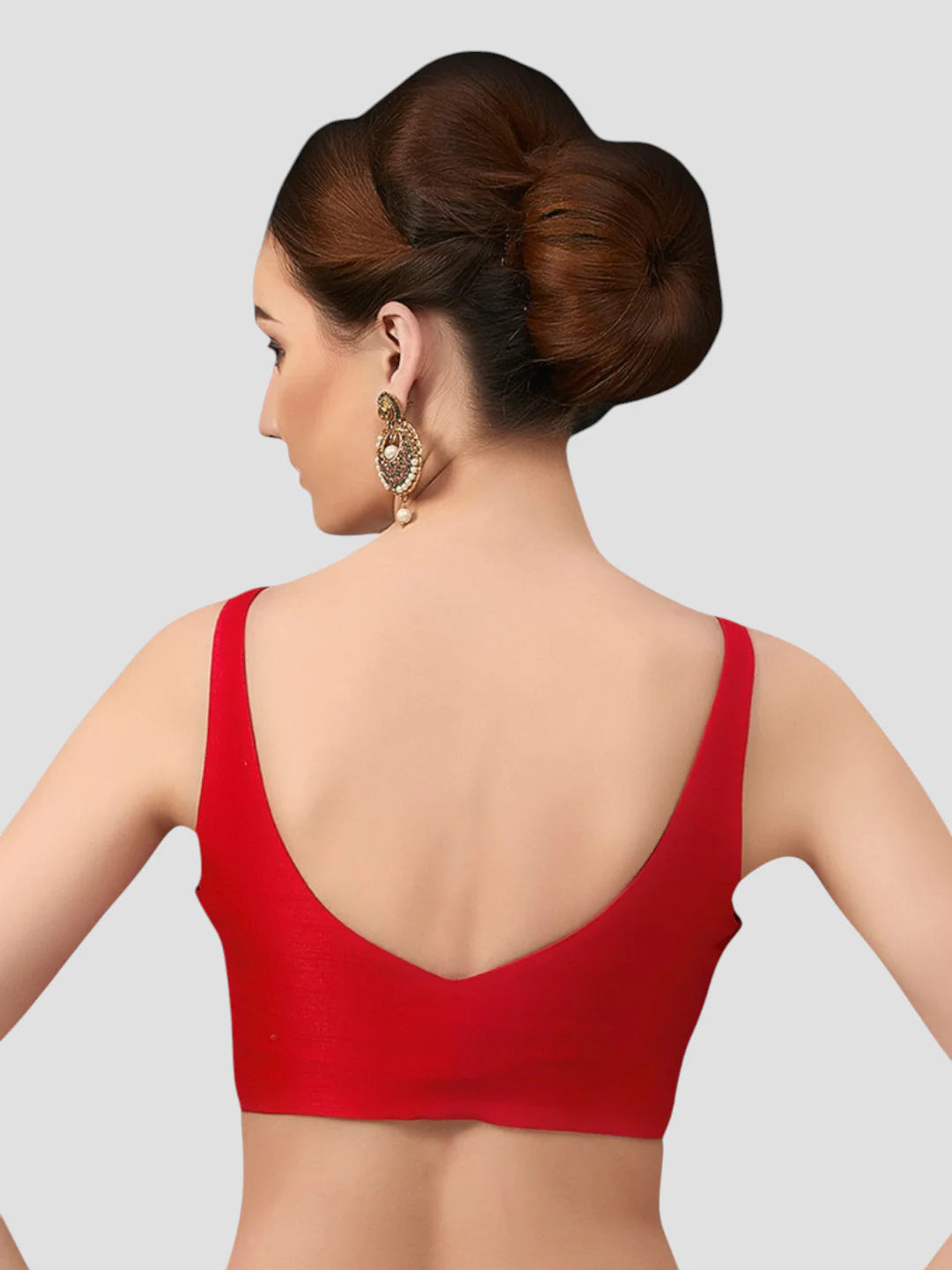 Red Silk V Neck Sleeveless Readymade Blouse