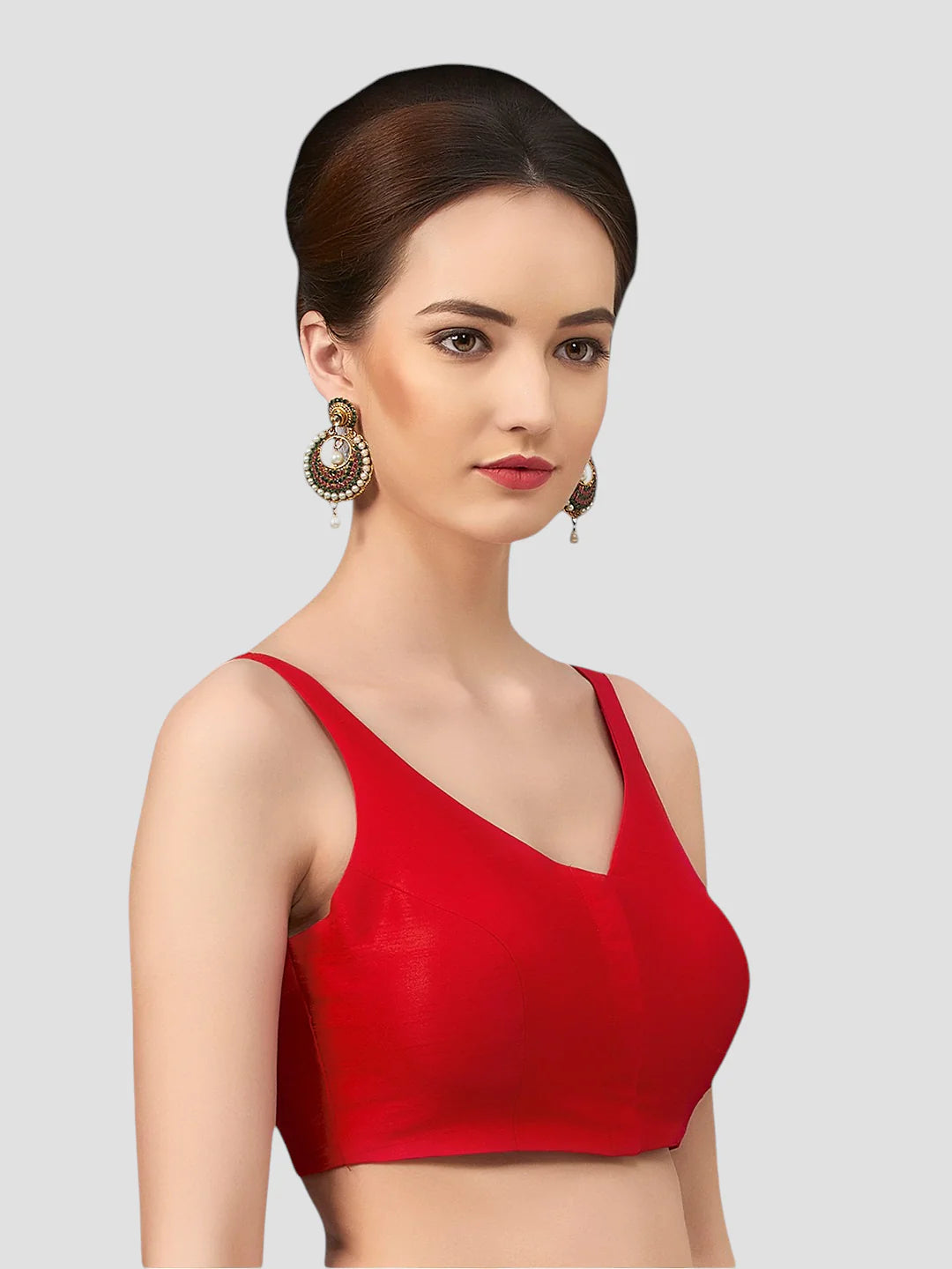 Red Silk V Neck Sleeveless Readymade Blouse