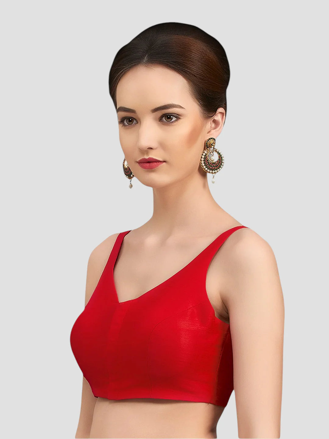 Red Silk V Neck Sleeveless Readymade Blouse