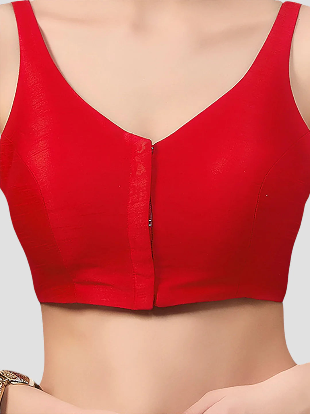 Red Silk V Neck Sleeveless Readymade Blouse