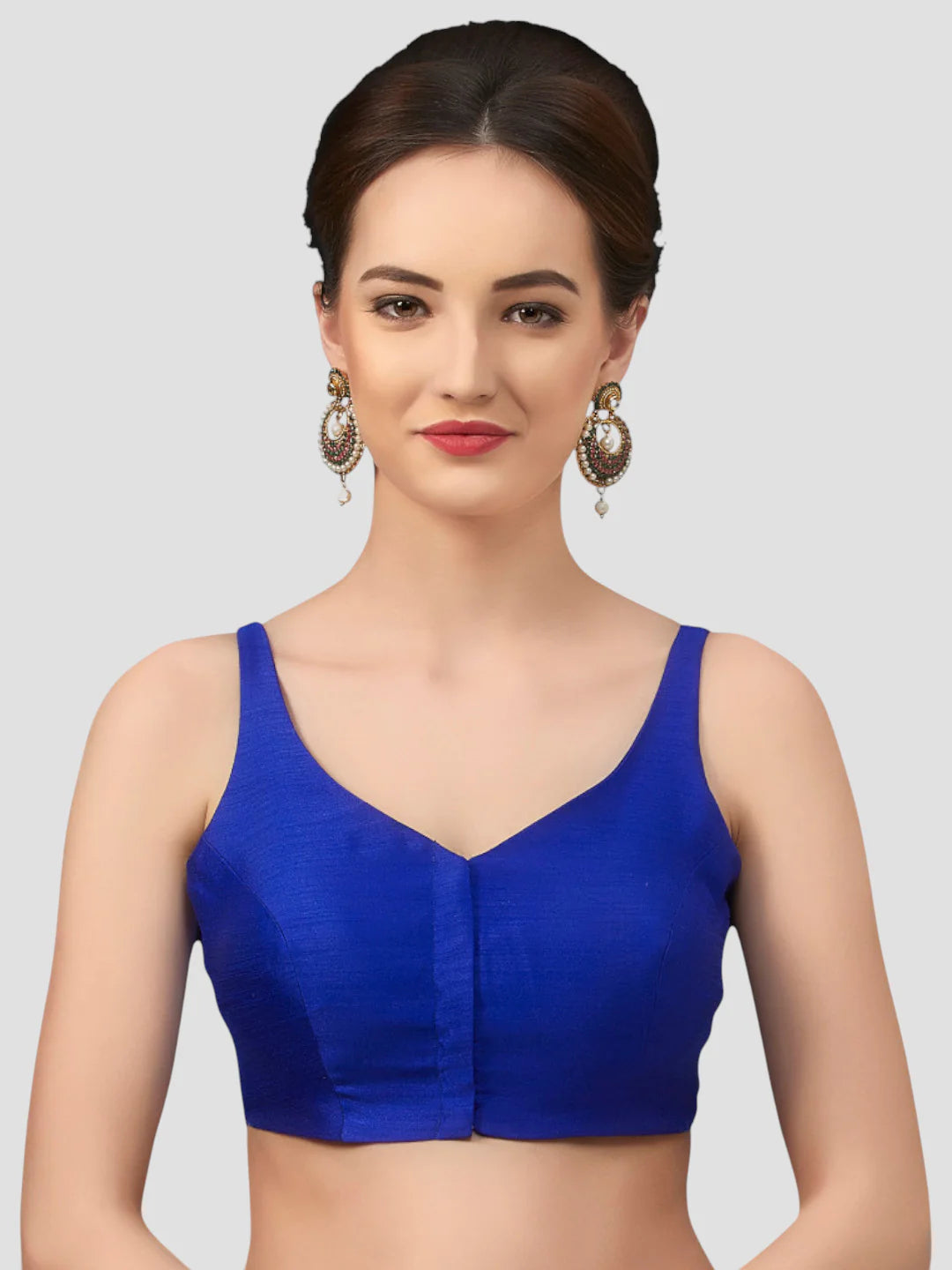 Royal Blue Silk V Neck Sleeveless Readymade Blouse