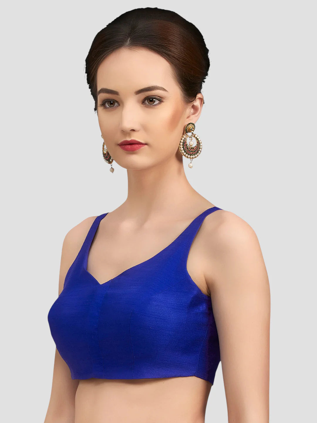 Royal Blue Silk V Neck Sleeveless Readymade Blouse