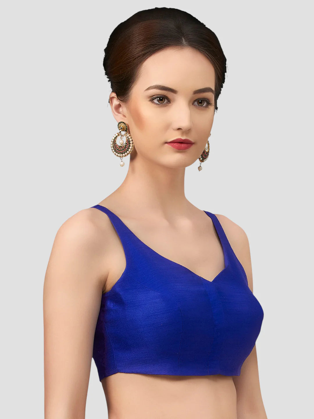 Royal Blue Silk V Neck Sleeveless Readymade Blouse