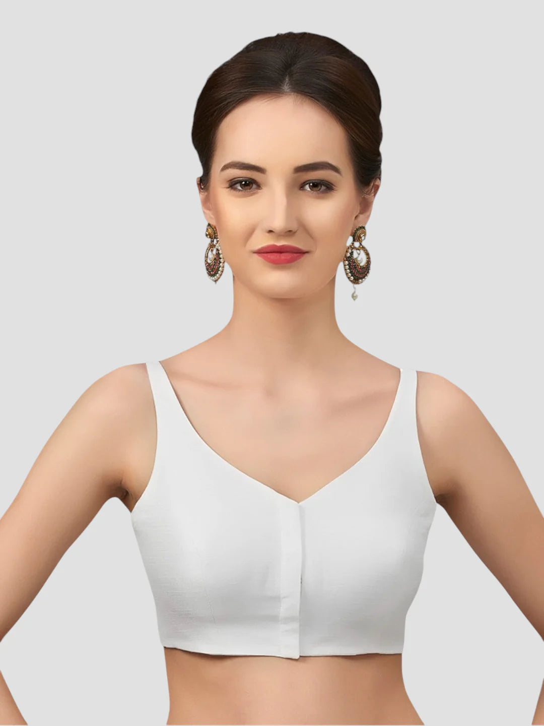 White Silk V Neck Sleeveless Readymade Blouse