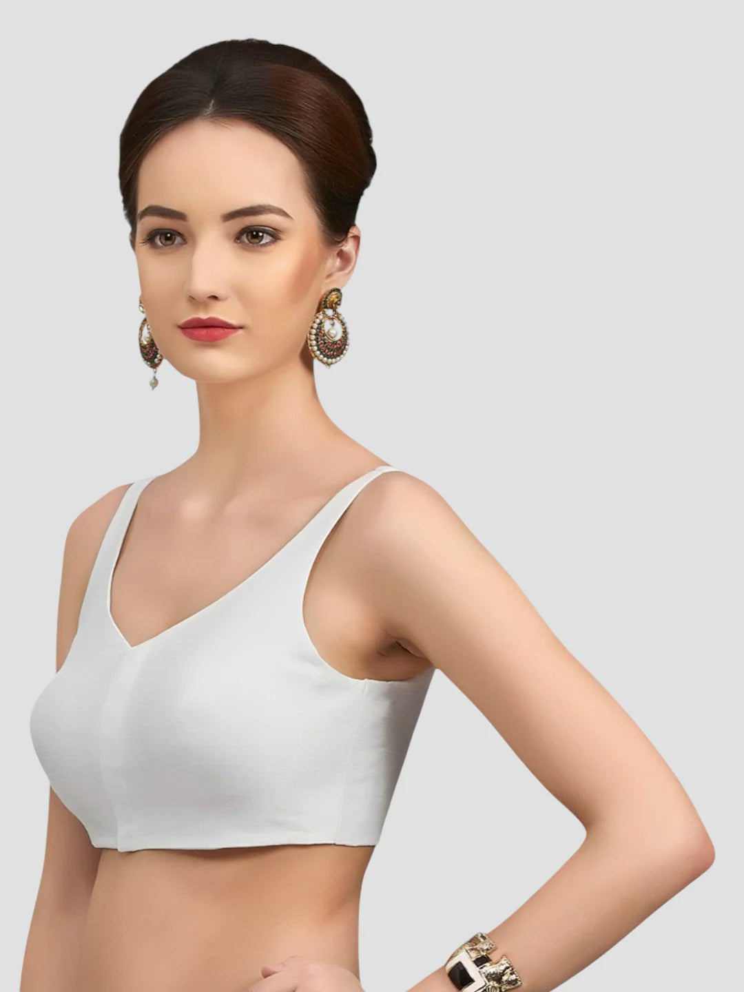 White Silk V Neck Sleeveless Readymade Blouse