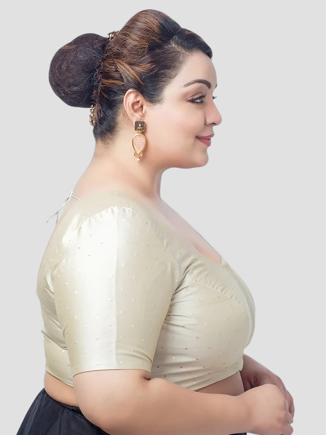 Cream Silk U Neck Half Sleeves Readymade Blouse