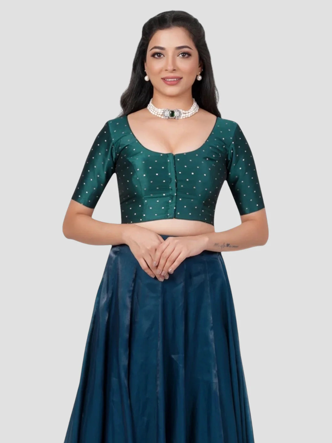 Bottle Green Silk Round Neck Half Sleeves Readymade Blouse