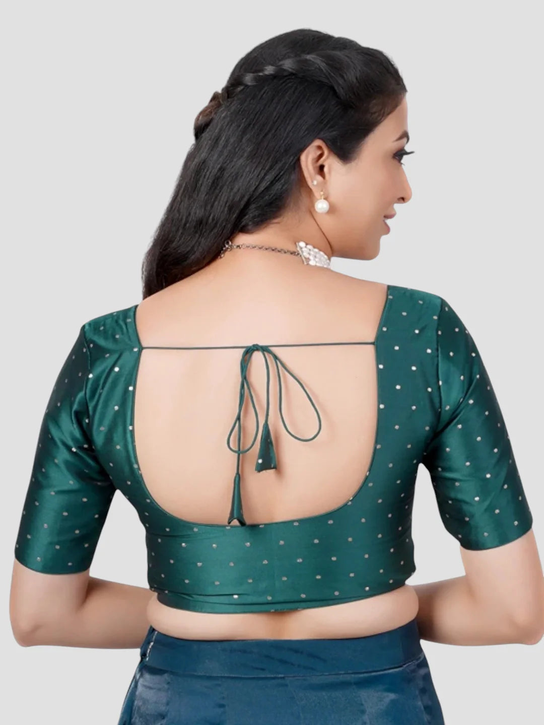 Bottle Green Silk Round Neck Half Sleeves Readymade Blouse