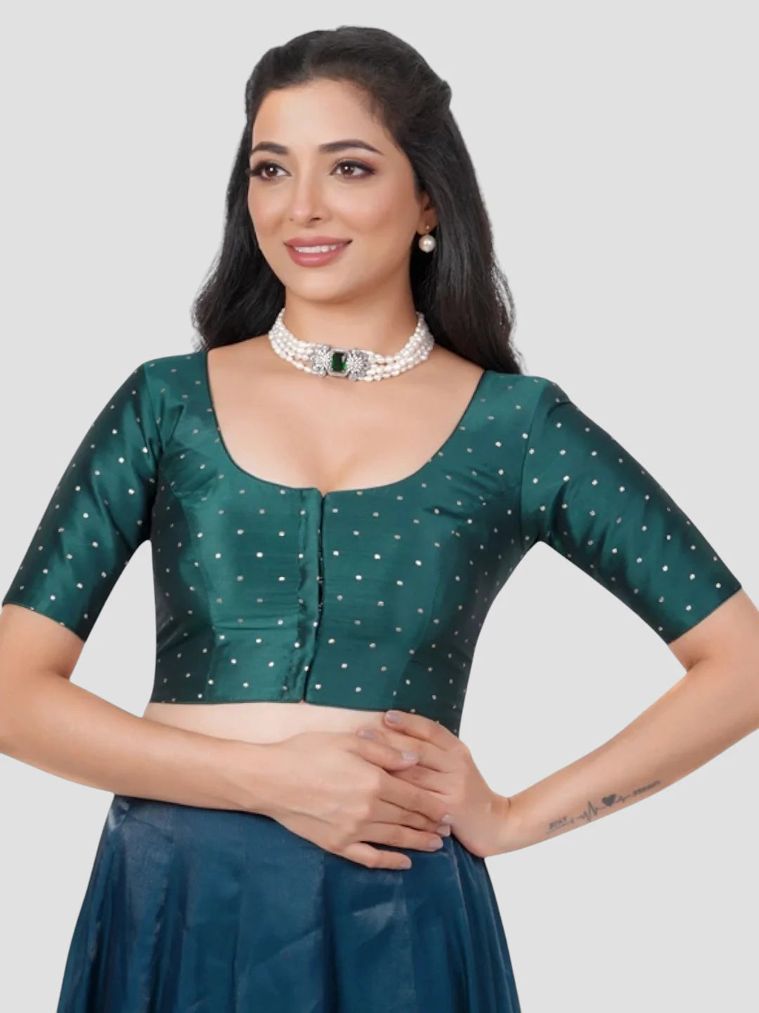 Bottle Green Silk Round Neck Half Sleeves Readymade Blouse