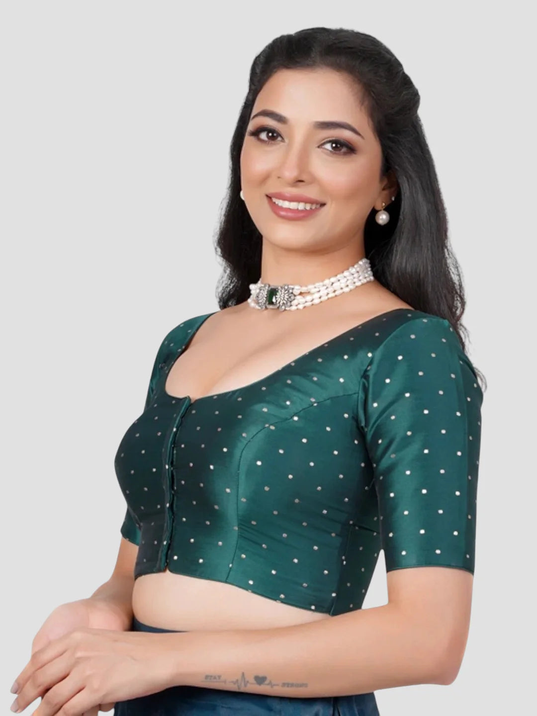 Bottle Green Silk Round Neck Half Sleeves Readymade Blouse