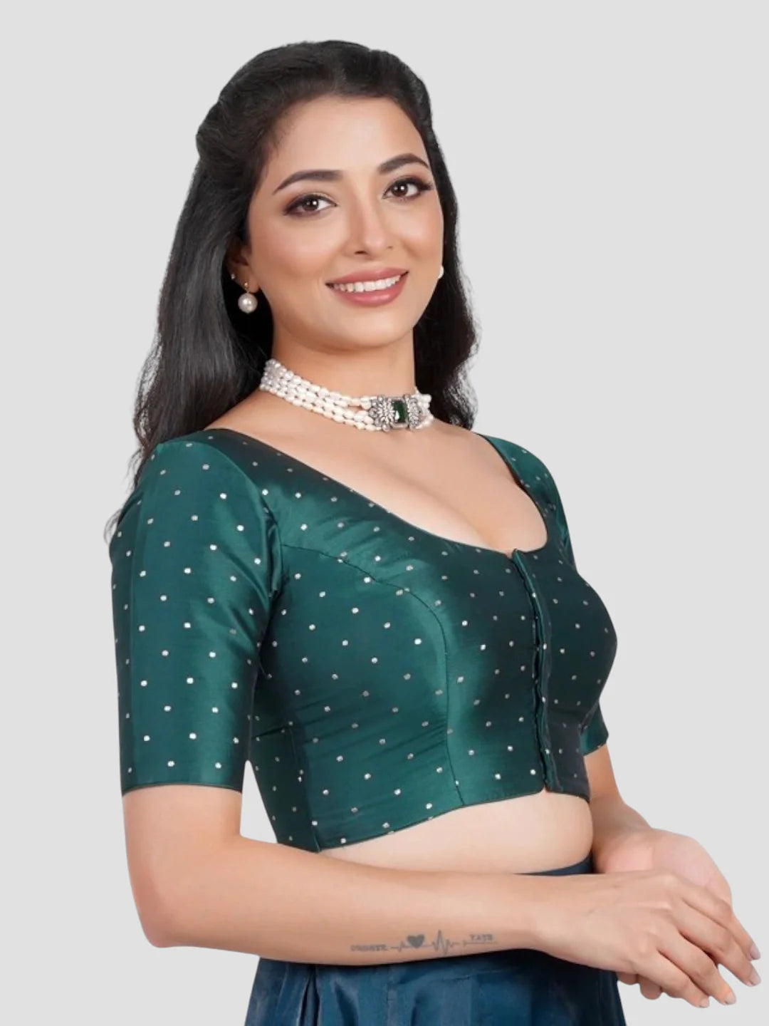 Bottle Green Silk Round Neck Half Sleeves Readymade Blouse