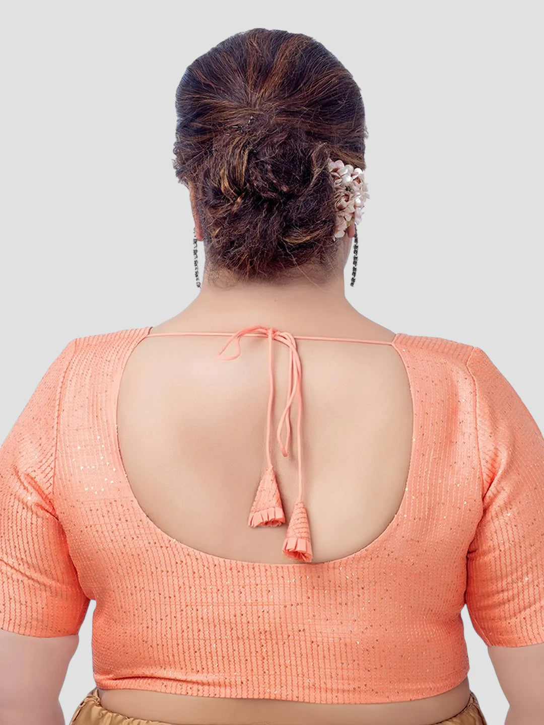 Peach Sequence Round Neck Half Sleeves Readymade Blouse