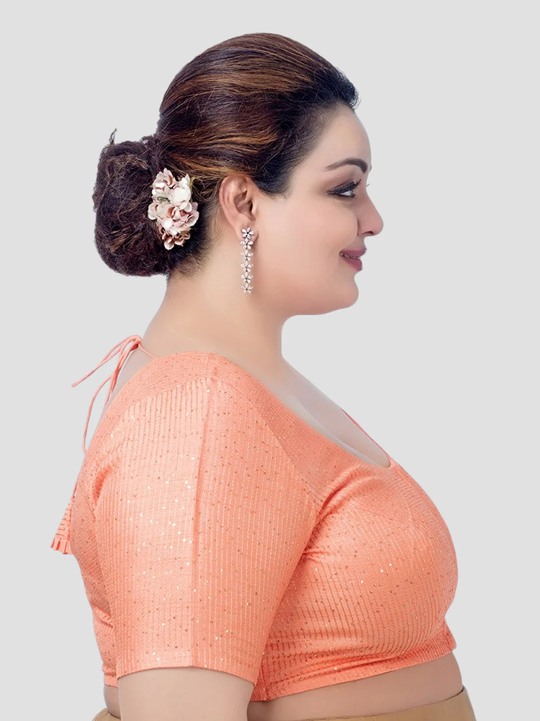 Peach Sequence Round Neck Half Sleeves Readymade Blouse