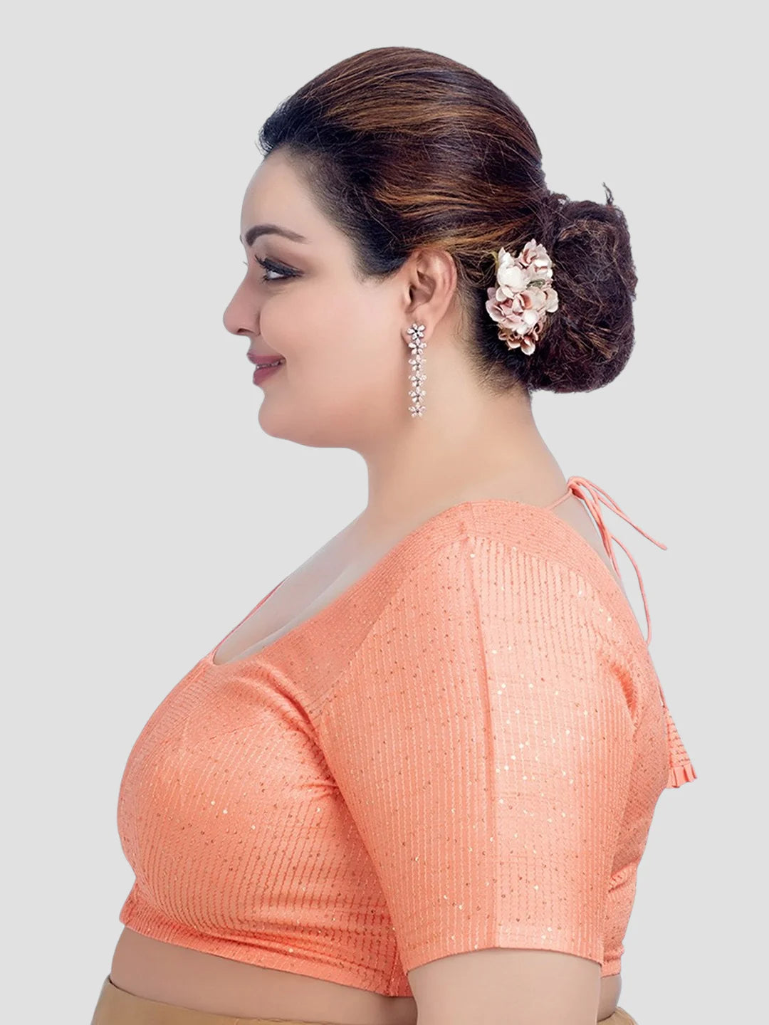 Peach Sequence Round Neck Half Sleeves Readymade Blouse
