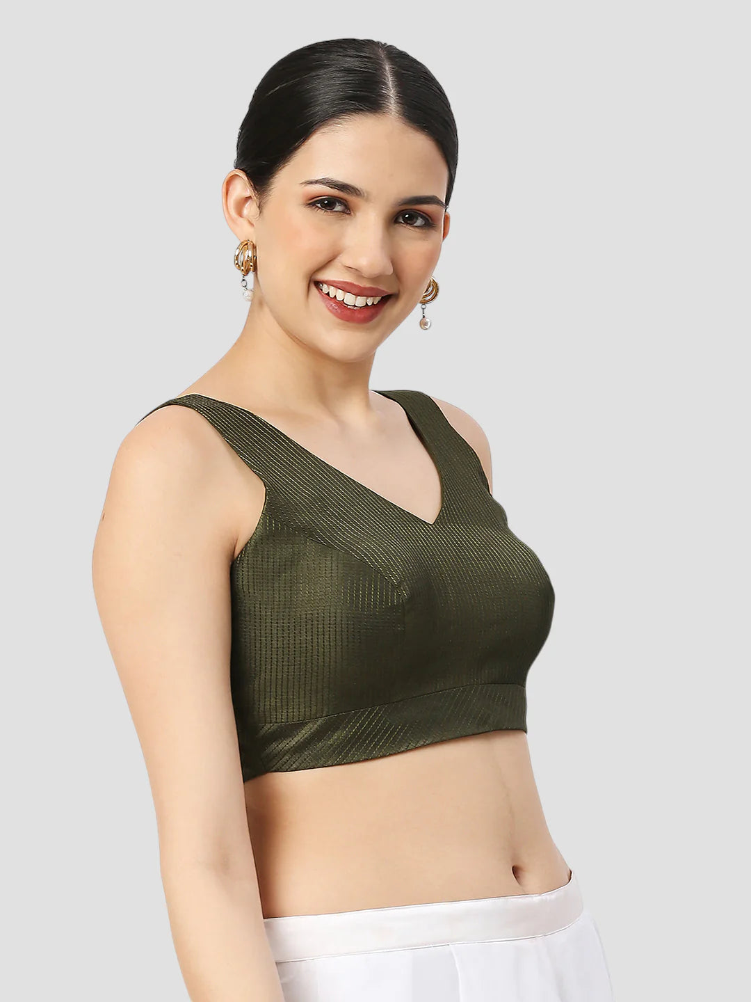 Mehndi Green Silk V Neck Sleeveless Readymade Blouse