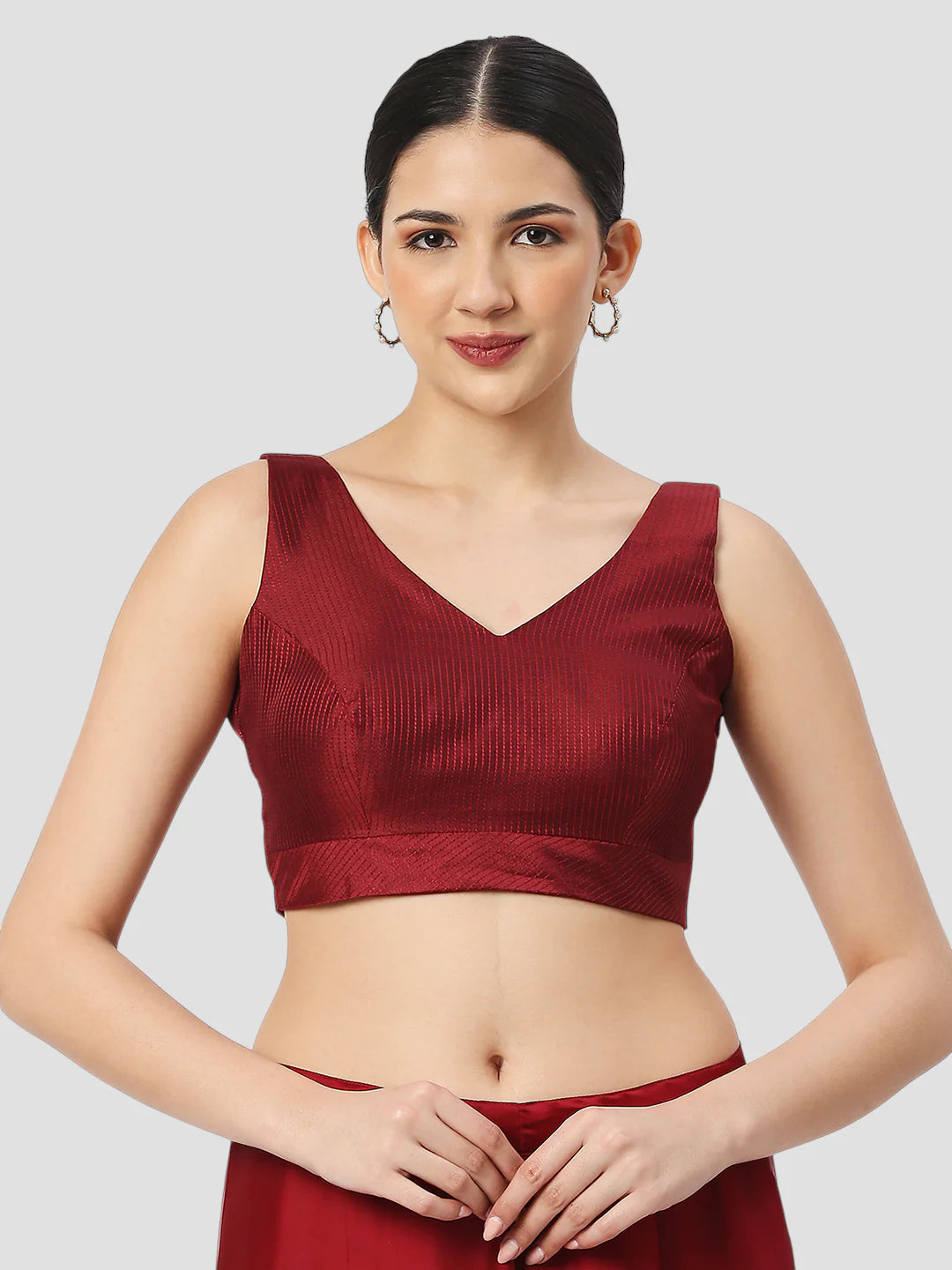 Maroon Silk V Neck Sleeveless Readymade Blouse