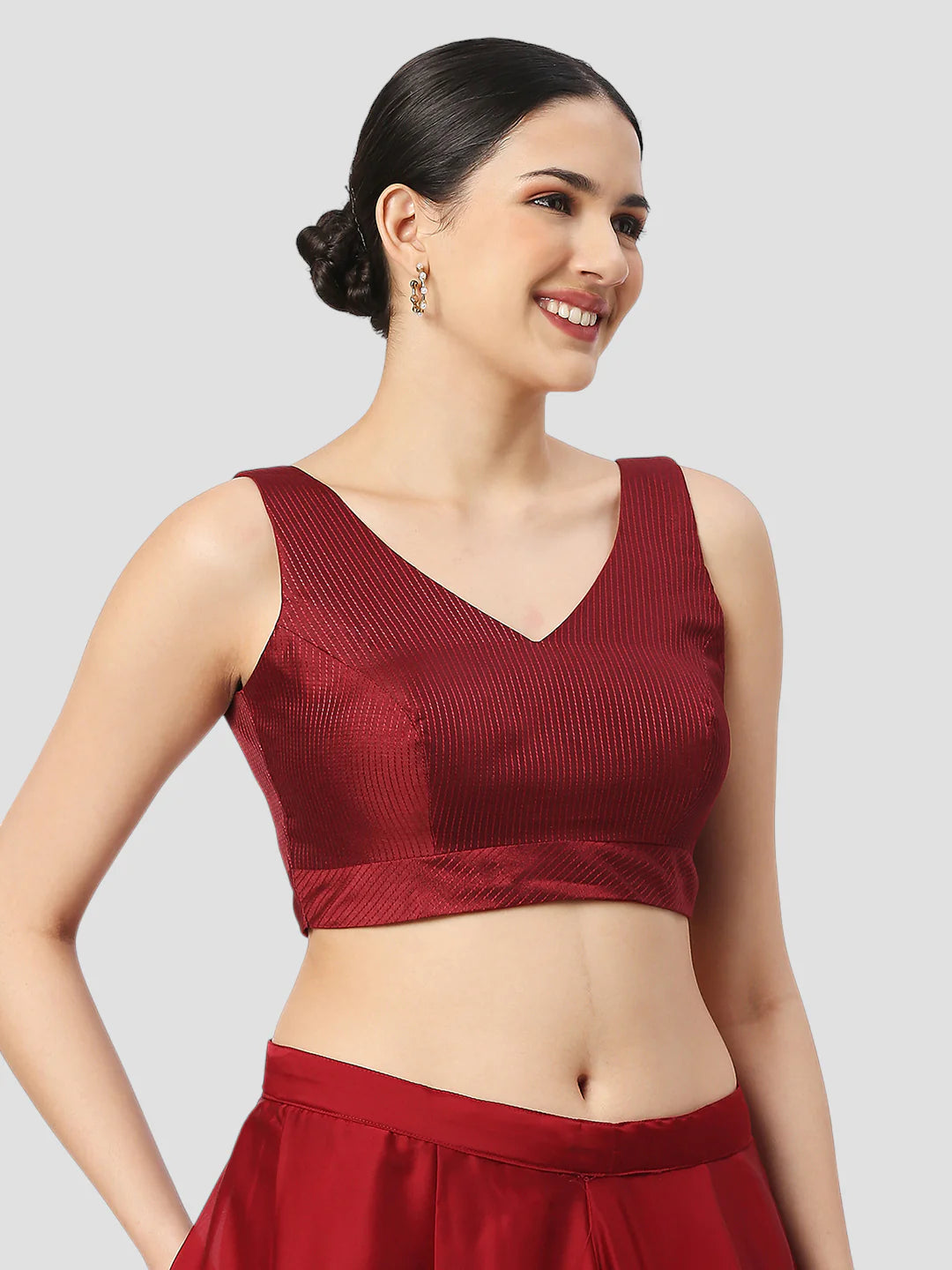 Maroon Silk V Neck Sleeveless Readymade Blouse