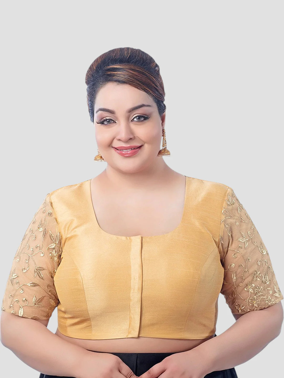 Gold Silk U Neck Half Sleeves Plus Size Readymade Blouse