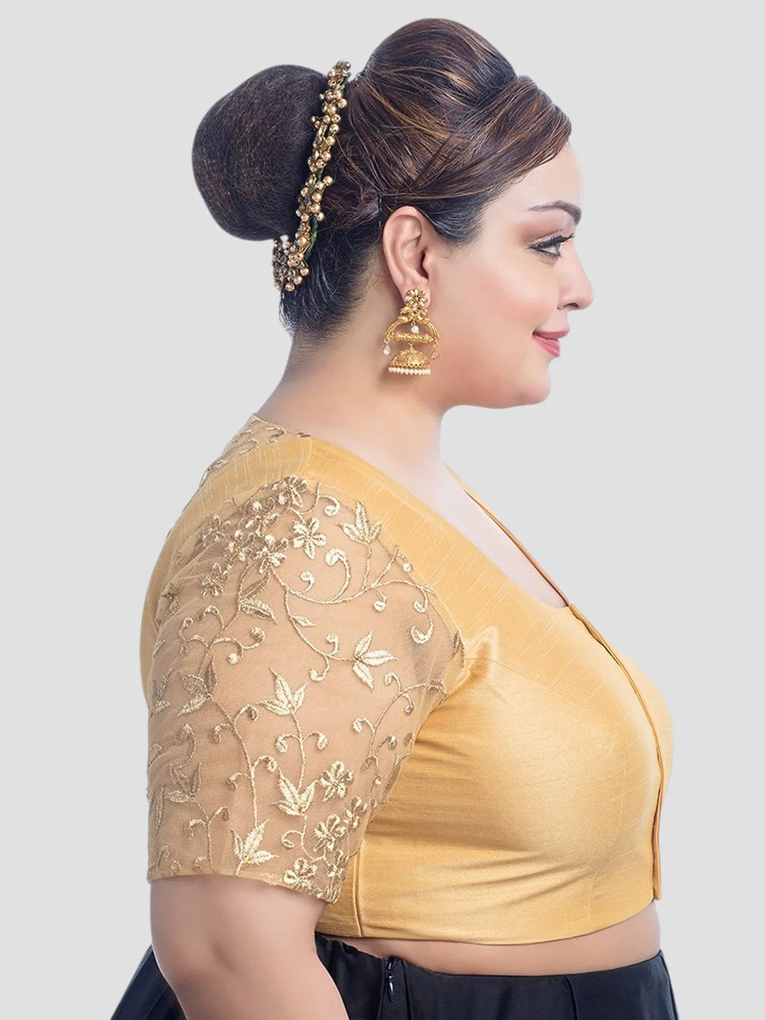 Gold Silk U Neck Half Sleeves Plus Size Readymade Blouse