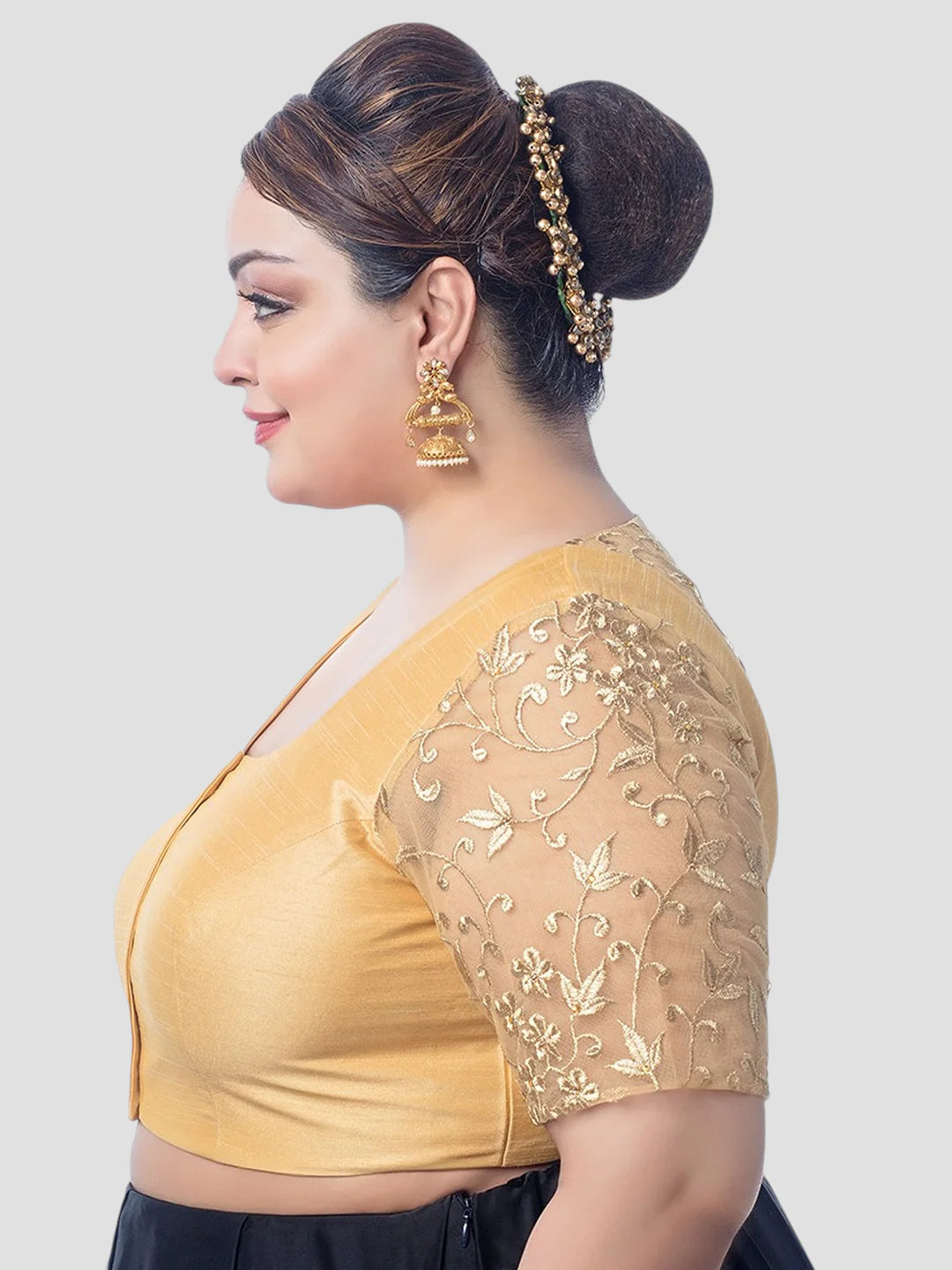 Gold Silk U Neck Half Sleeves Plus Size Readymade Blouse