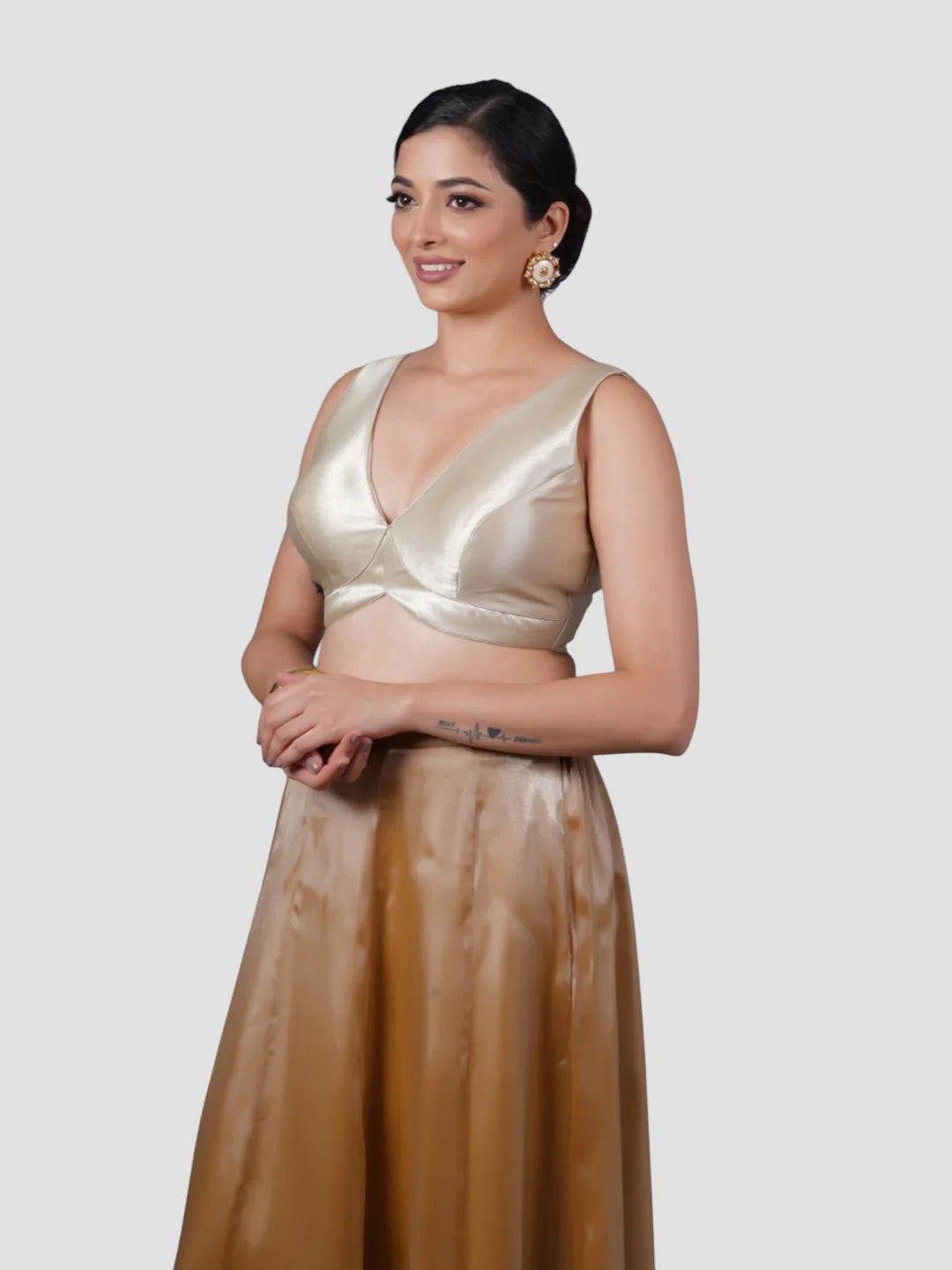 Gold Tissue V Neck Sleeveless Readymade Blouse