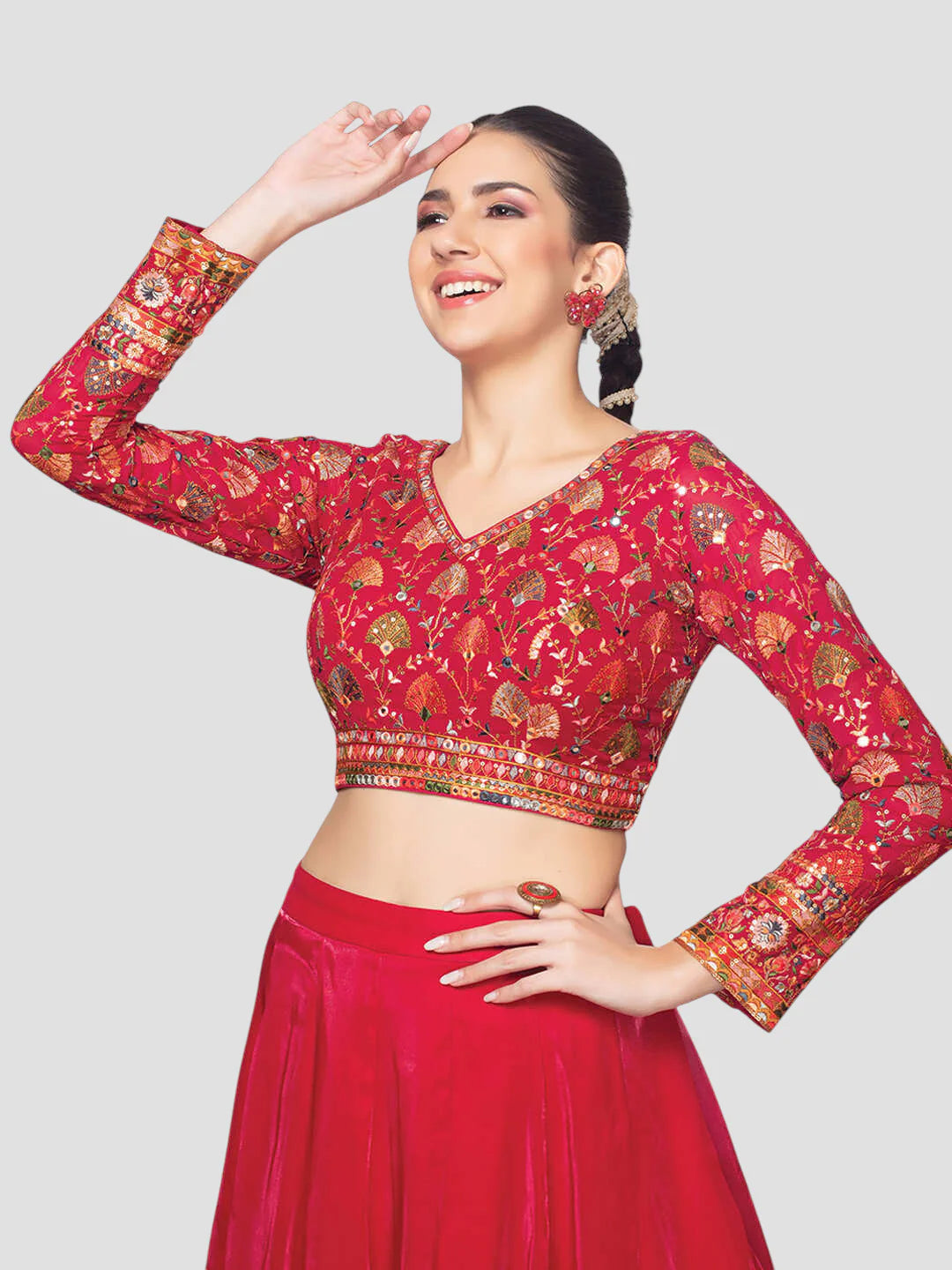 Red Georgette V Neck Full Sleeves Readymade Blouse