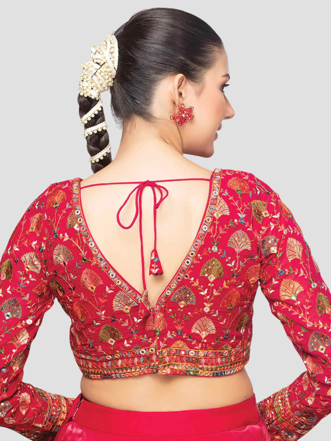 Red Georgette V Neck Full Sleeves Readymade Blouse