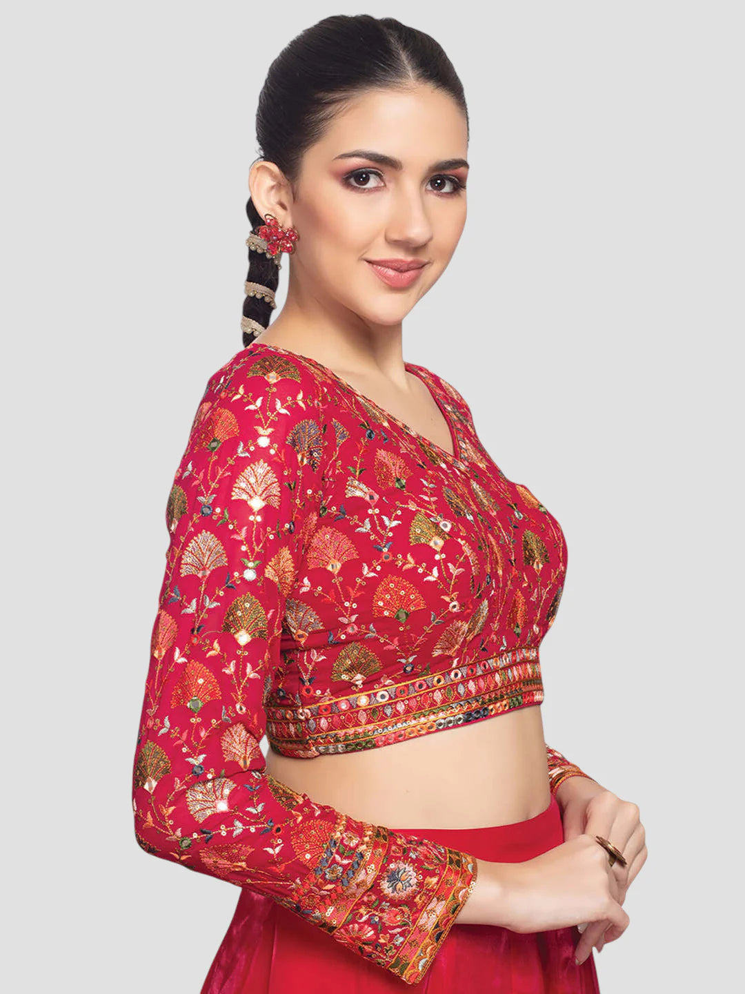 Red Georgette V Neck Full Sleeves Readymade Blouse