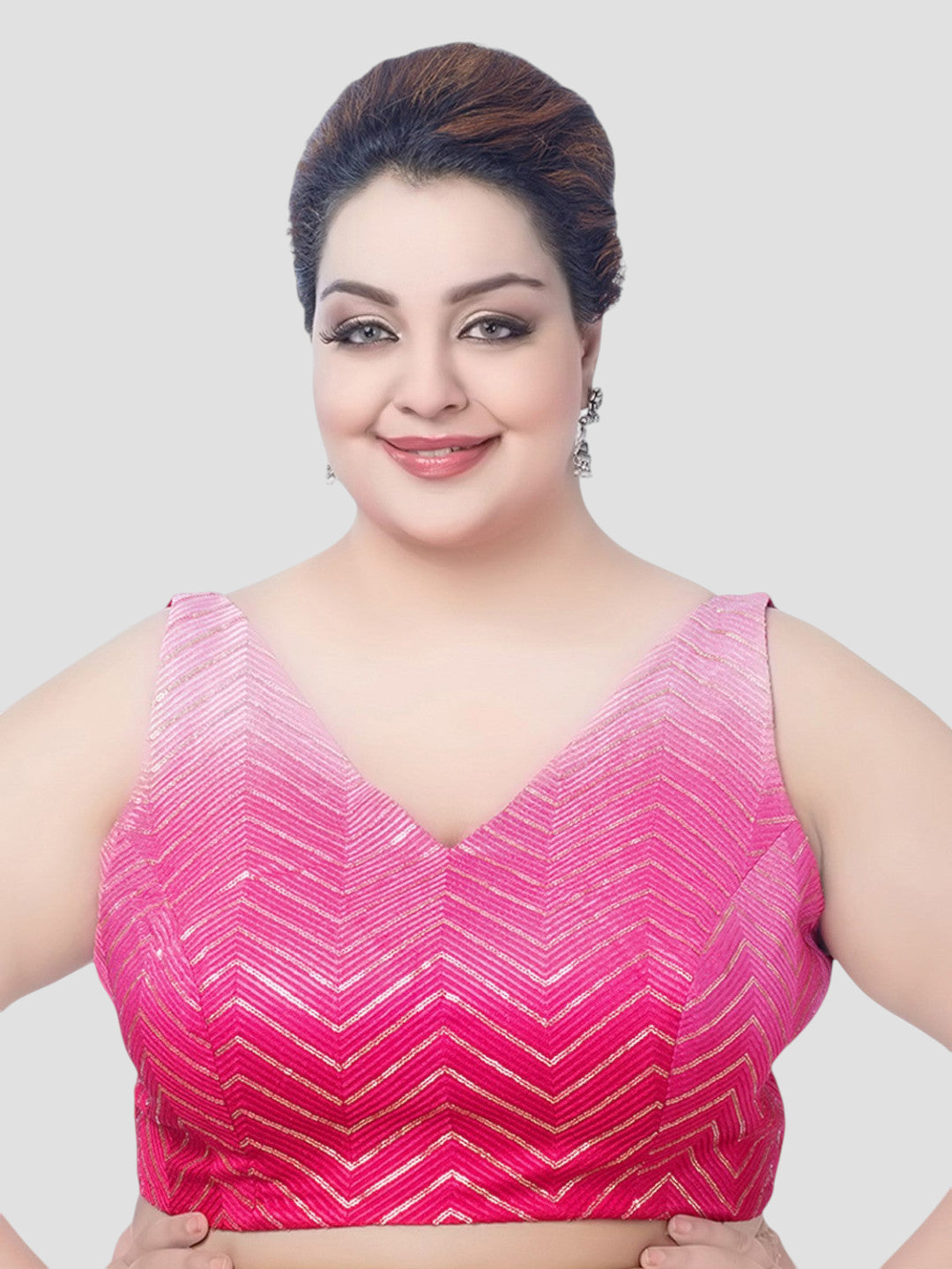 Plus Size Pink Chevron Printed Sleeveless V-Neck Readymade Saree Blouse