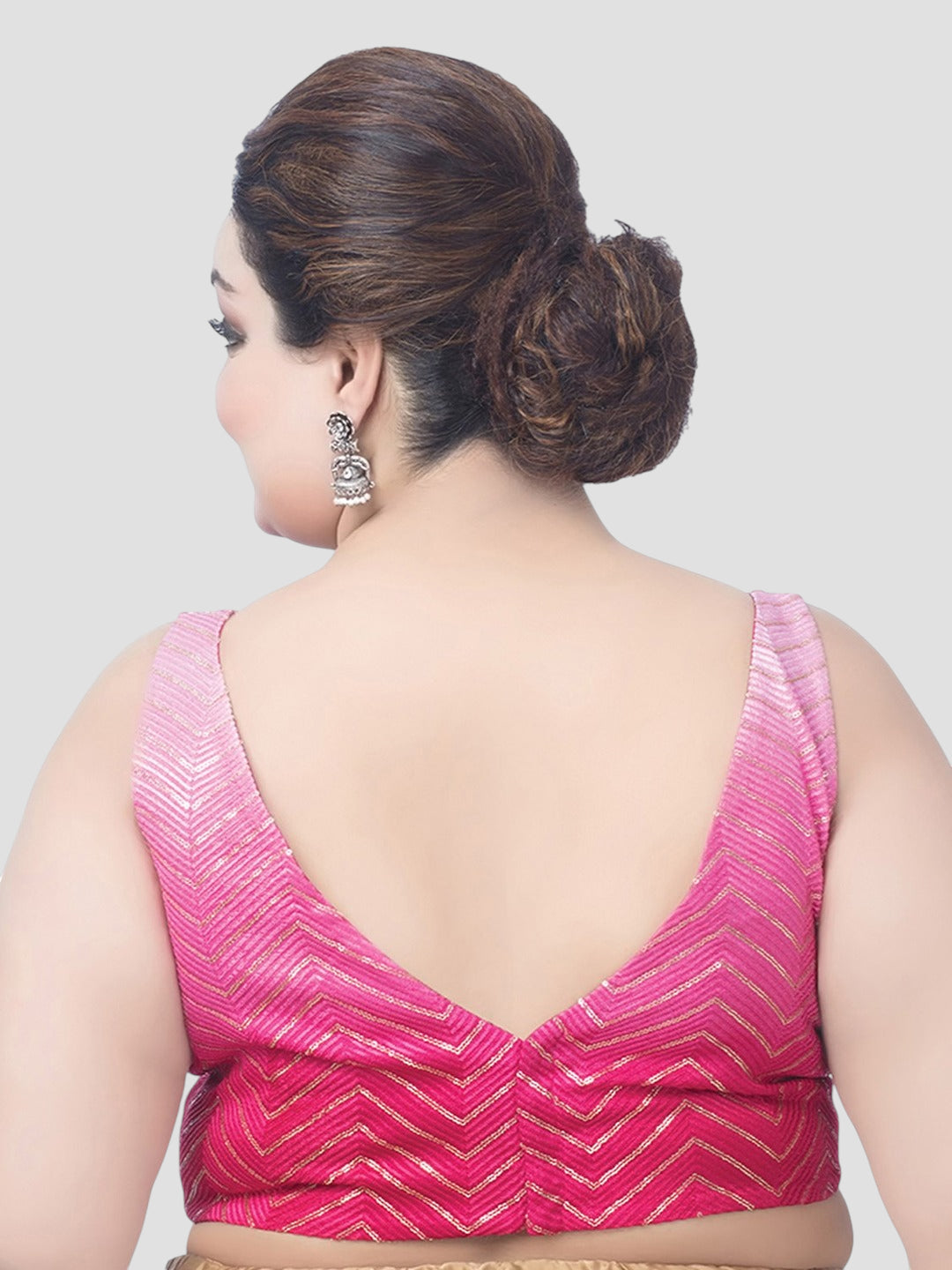 Plus Size Pink Chevron Printed Sleeveless V-Neck Readymade Saree Blouse