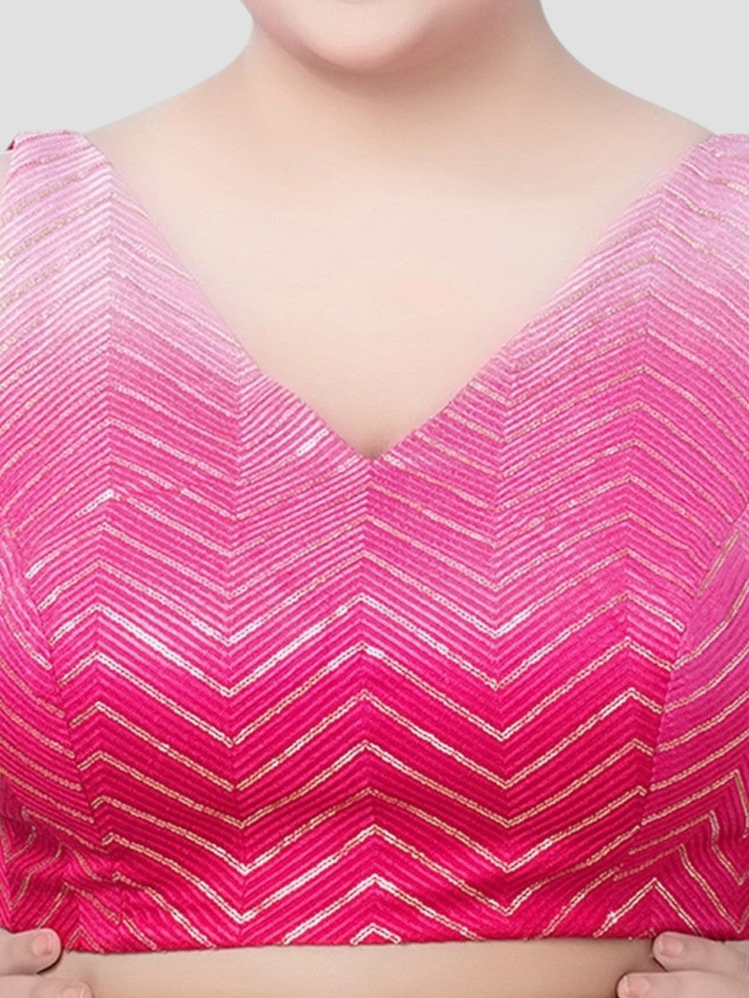 Plus Size Pink Chevron Printed Sleeveless V-Neck Readymade Saree Blouse