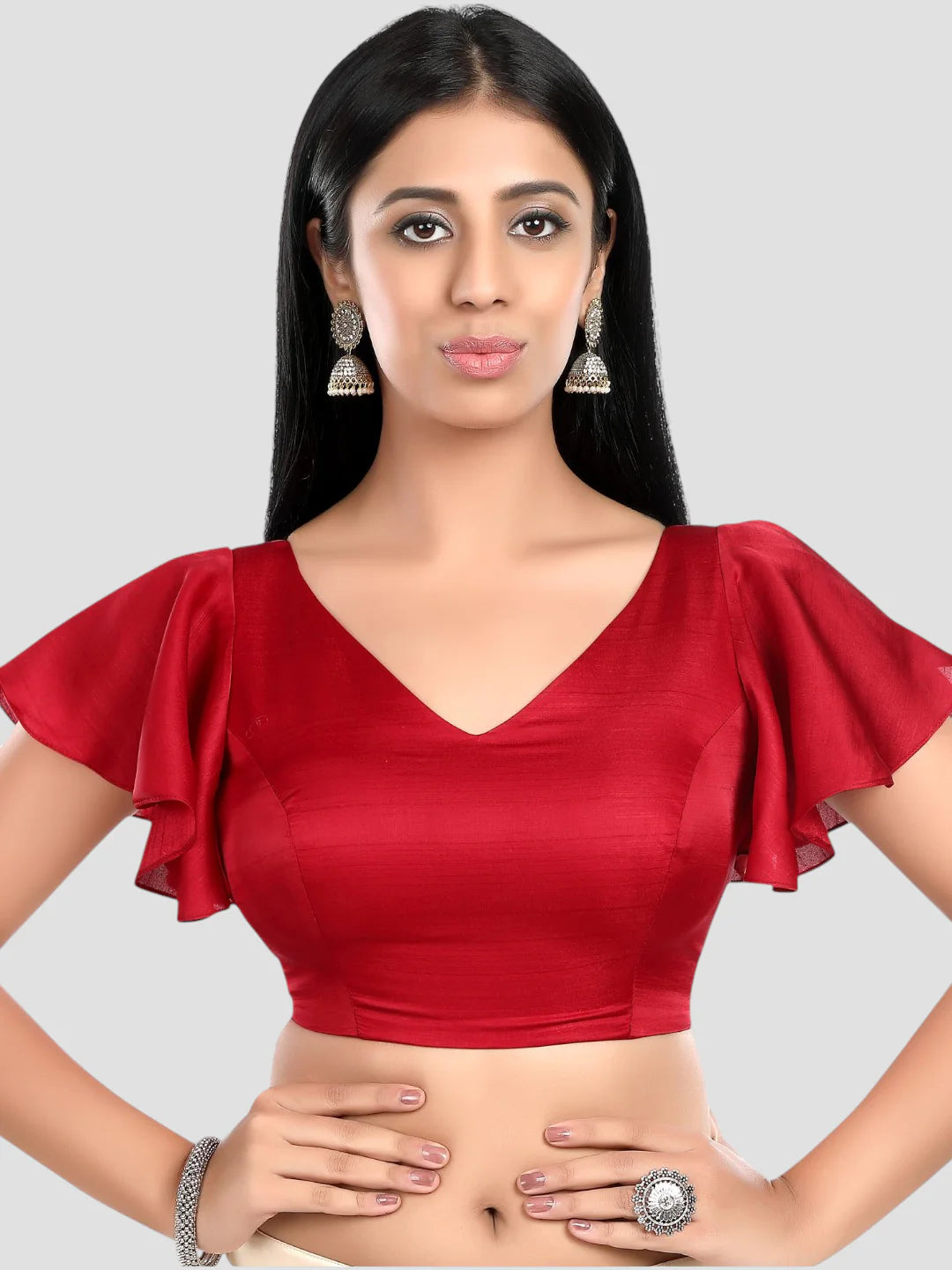 Red Silk V Neck Ruffle Sleeves Readymade Blouse