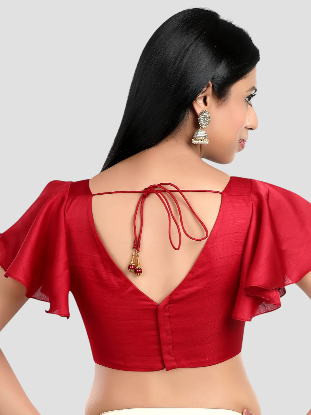 Red Silk V Neck Ruffle Sleeves Readymade Blouse