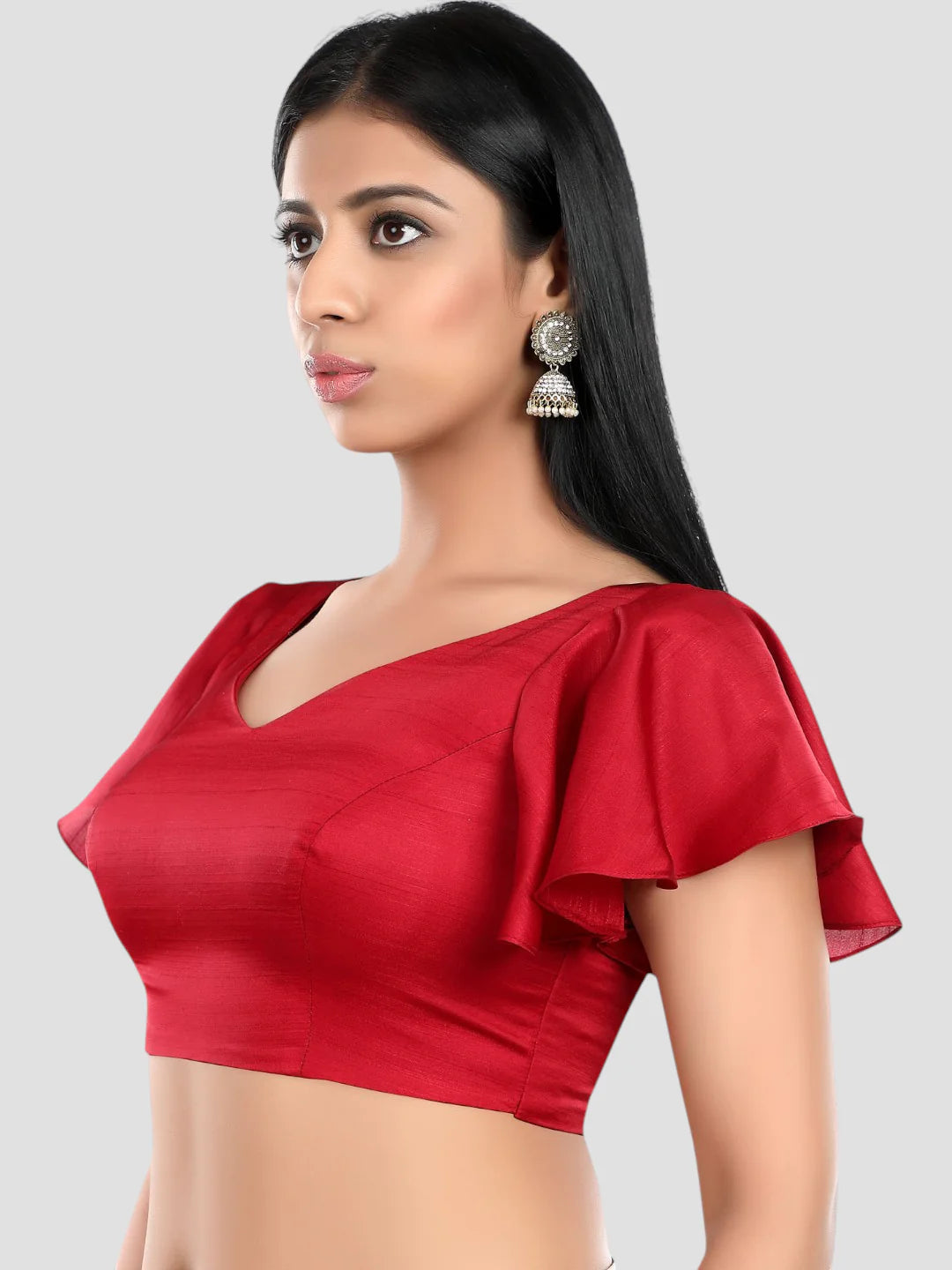 Red Silk V Neck Ruffle Sleeves Readymade Blouse