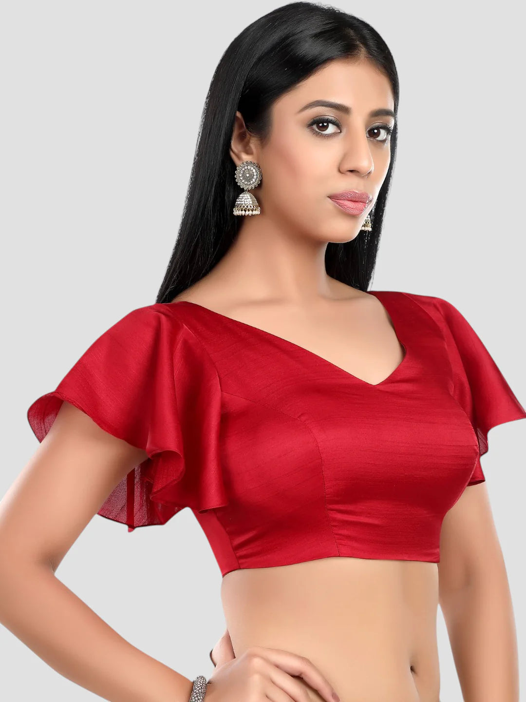 Red Silk V Neck Ruffle Sleeves Readymade Blouse