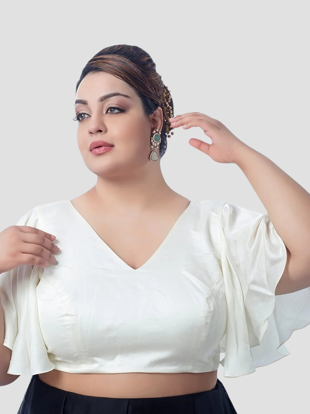 White Silk V Neck Ruffle Sleeves Readymade Blouse