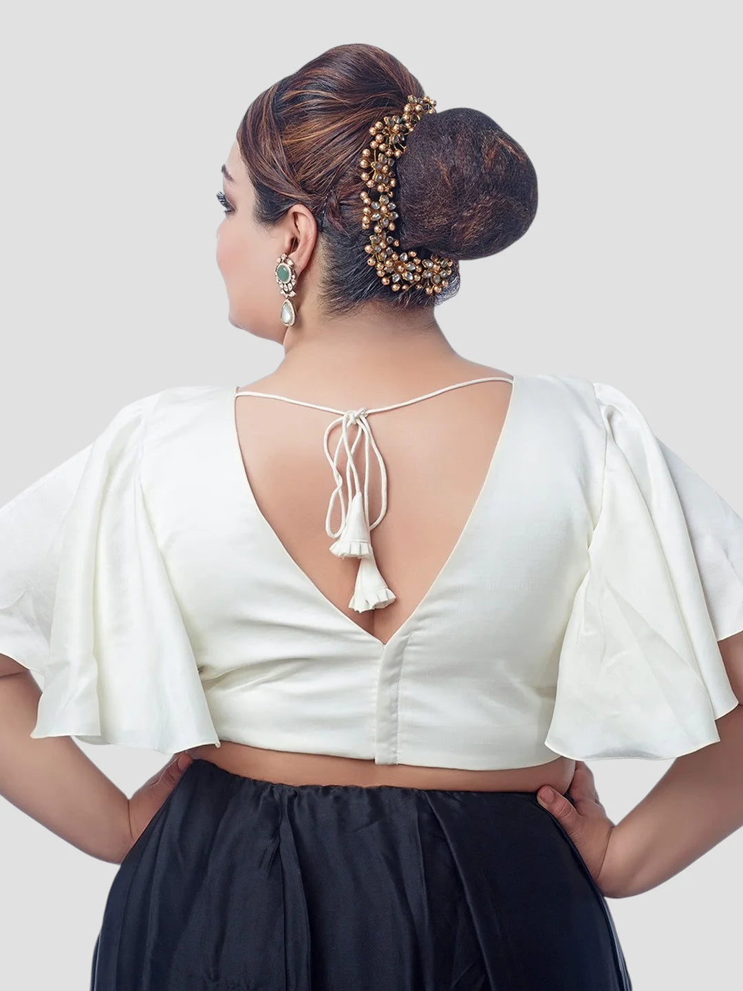 White Silk V Neck Ruffle Sleeves Readymade Blouse