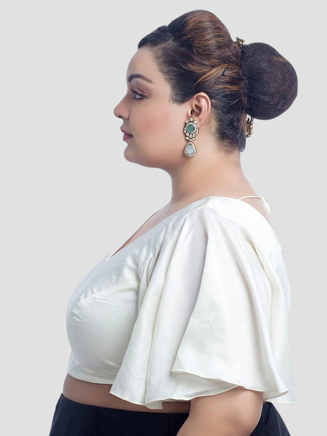 White Silk V Neck Ruffle Sleeves Readymade Blouse