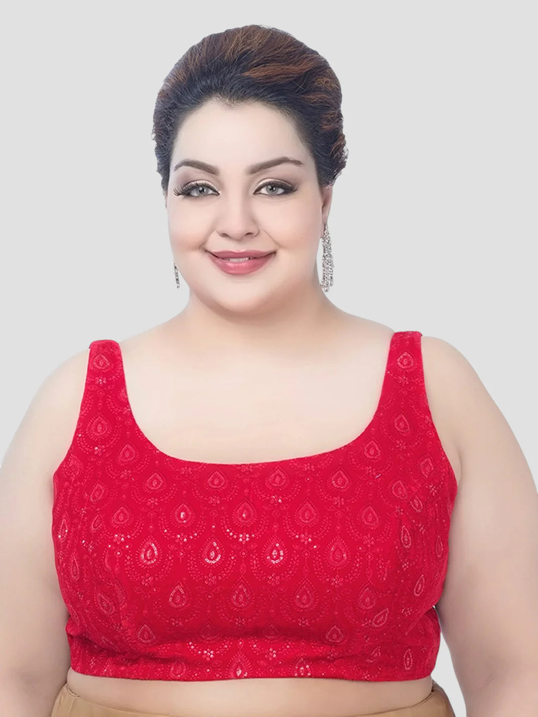 Red Sequin Work Velvet U Neck Sleeveless Readymade Blouse