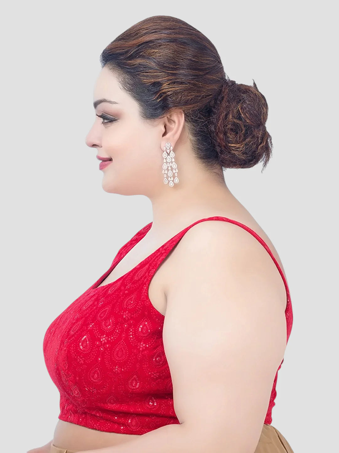 Red Sequin Work Velvet U Neck Sleeveless Readymade Blouse