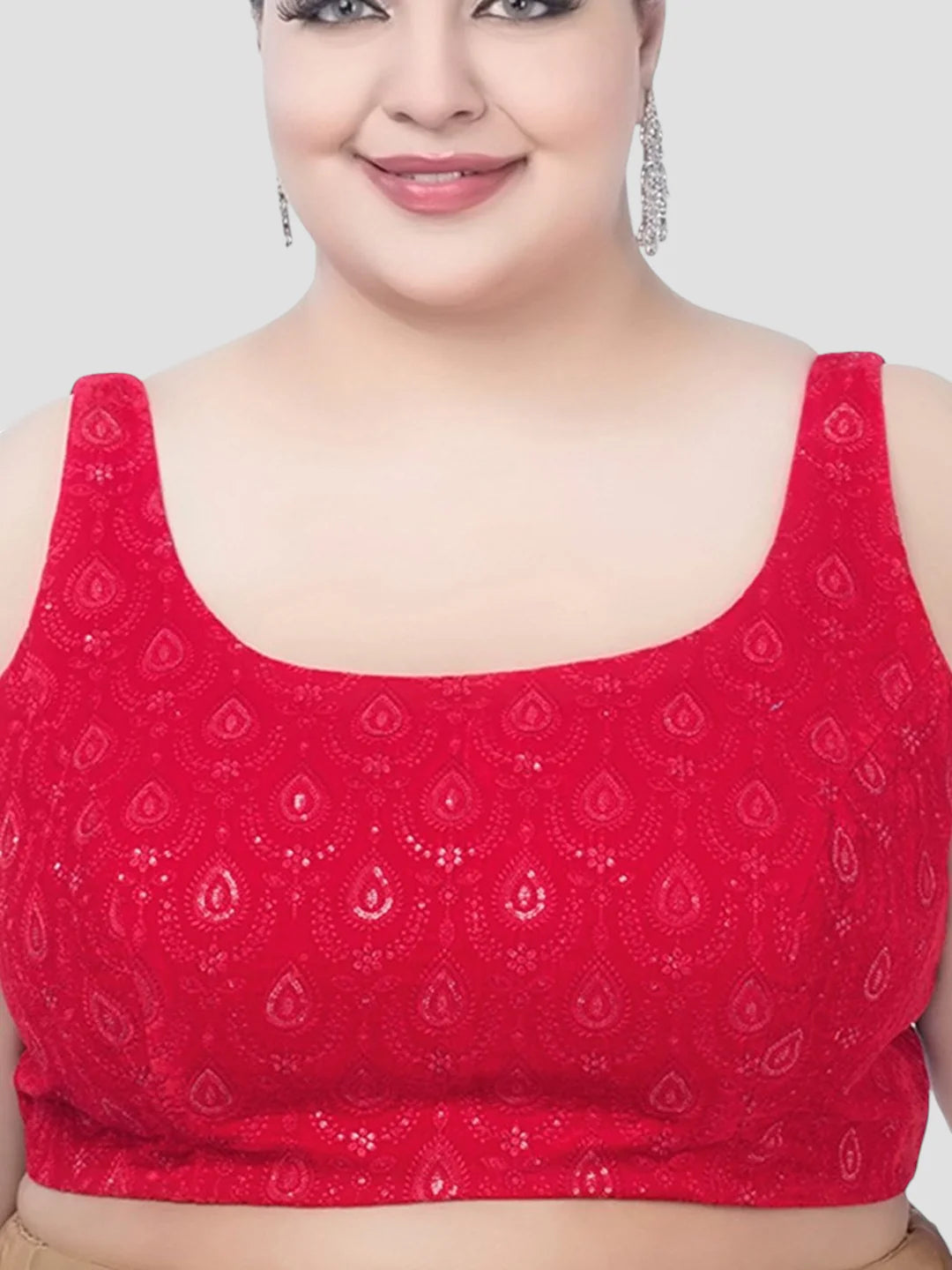 Red Sequin Work Velvet U Neck Sleeveless Readymade Blouse