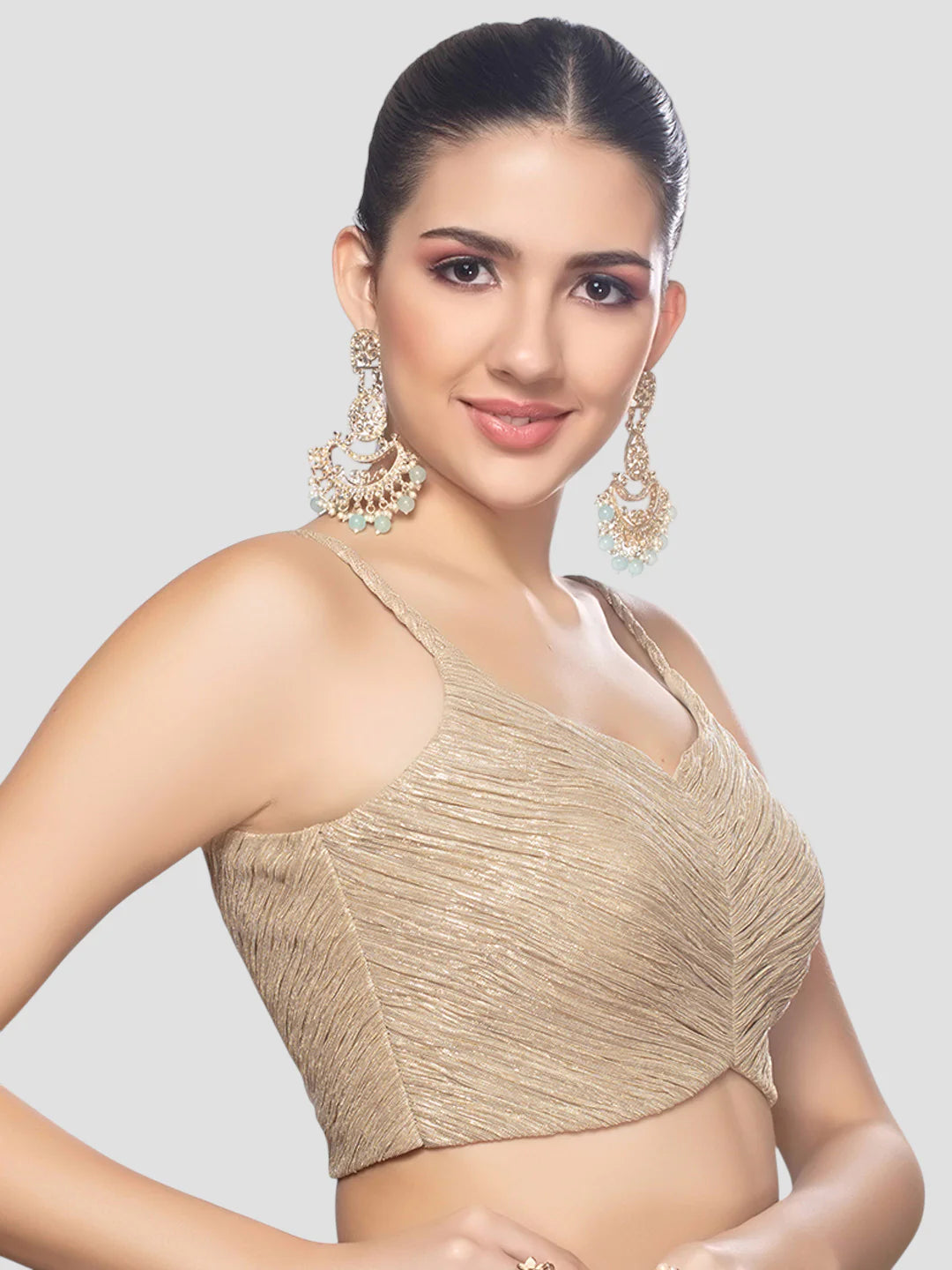 Golden Crush Tissue Deep Neck Sleeveless Readymade Blouse