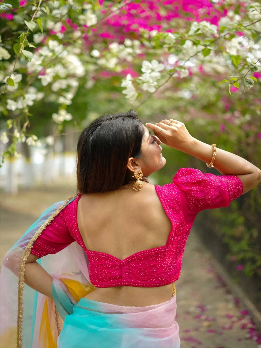 Pink Organza Sweetheart Neck Puff Sleeves Readymade Blouse