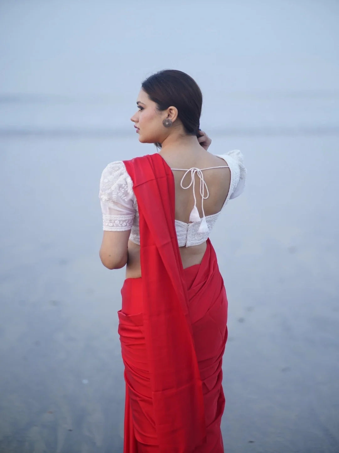 White Organza Fabric Pearl Work Puff Sleeve Readymade Saree Blouse