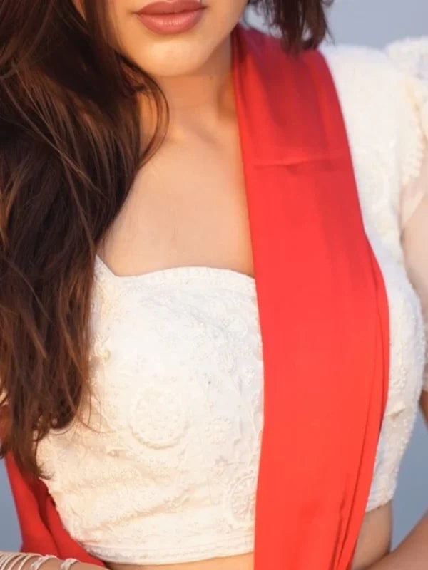 White Organza Fabric Pearl Work Puff Sleeve Readymade Saree Blouse