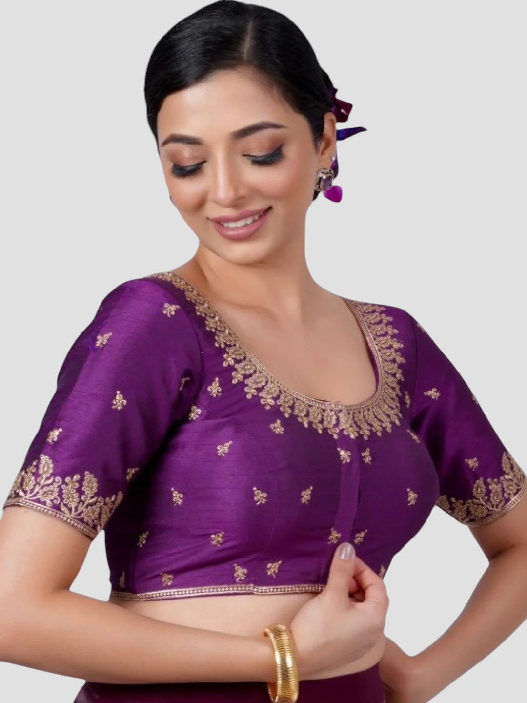 Purple Silk Round Neck Half Sleeves Readymade Blouse