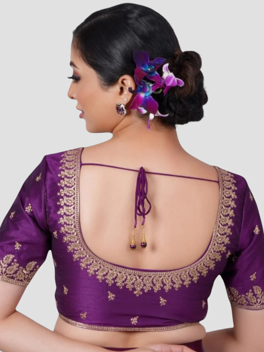 Purple Silk Round Neck Half Sleeves Readymade Blouse