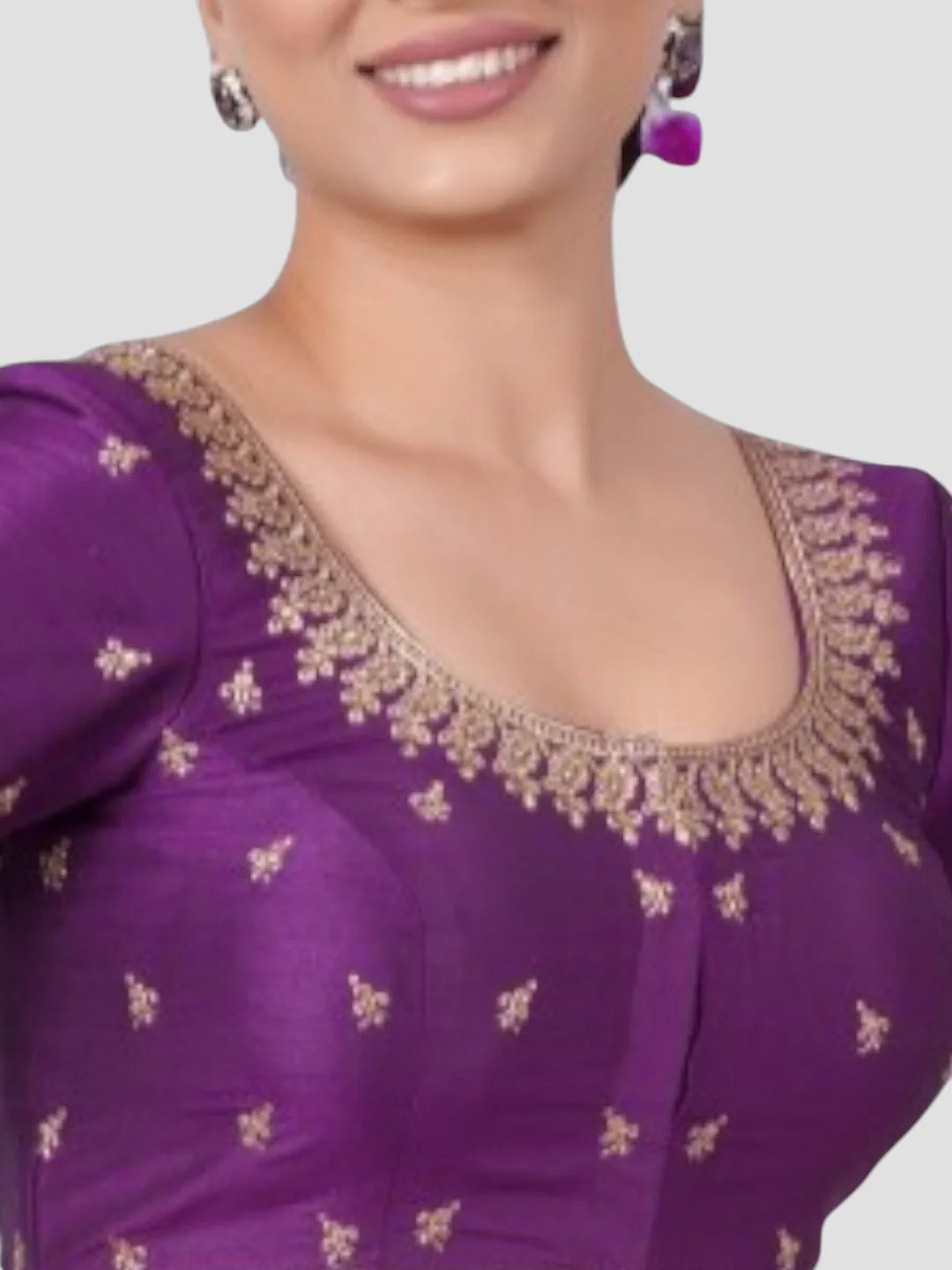 Purple Silk Round Neck Half Sleeves Readymade Blouse