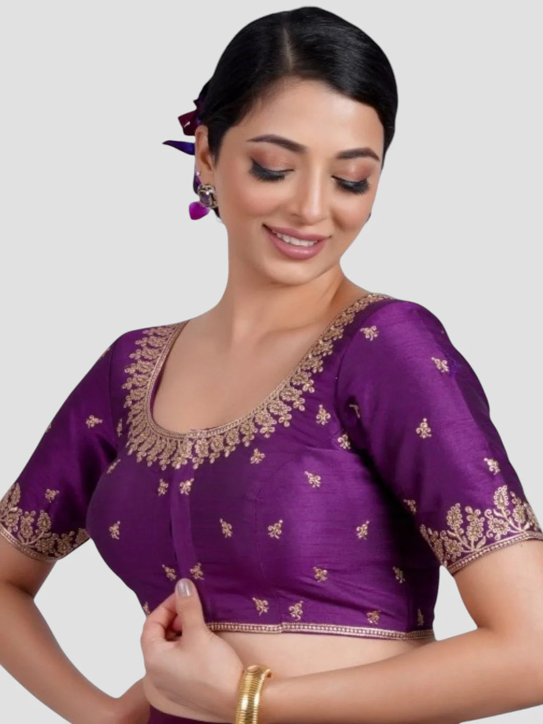 Purple Silk Round Neck Half Sleeves Readymade Blouse