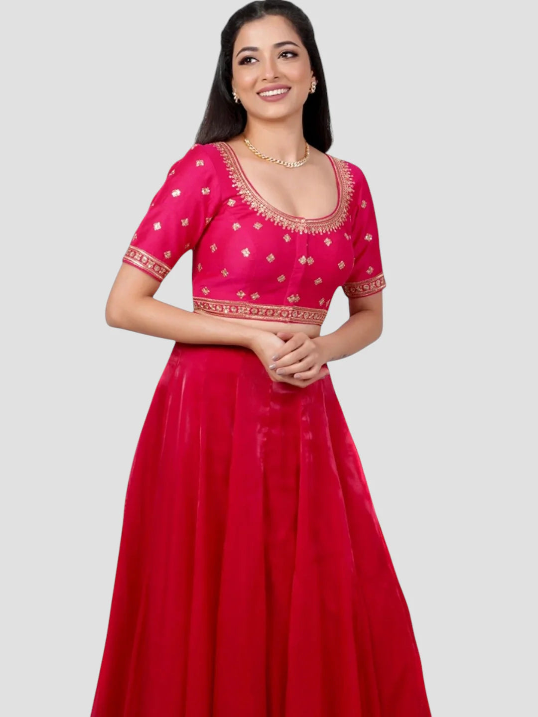 Rani Pink Silk Round Neck Half Sleeves Readymade Blouse